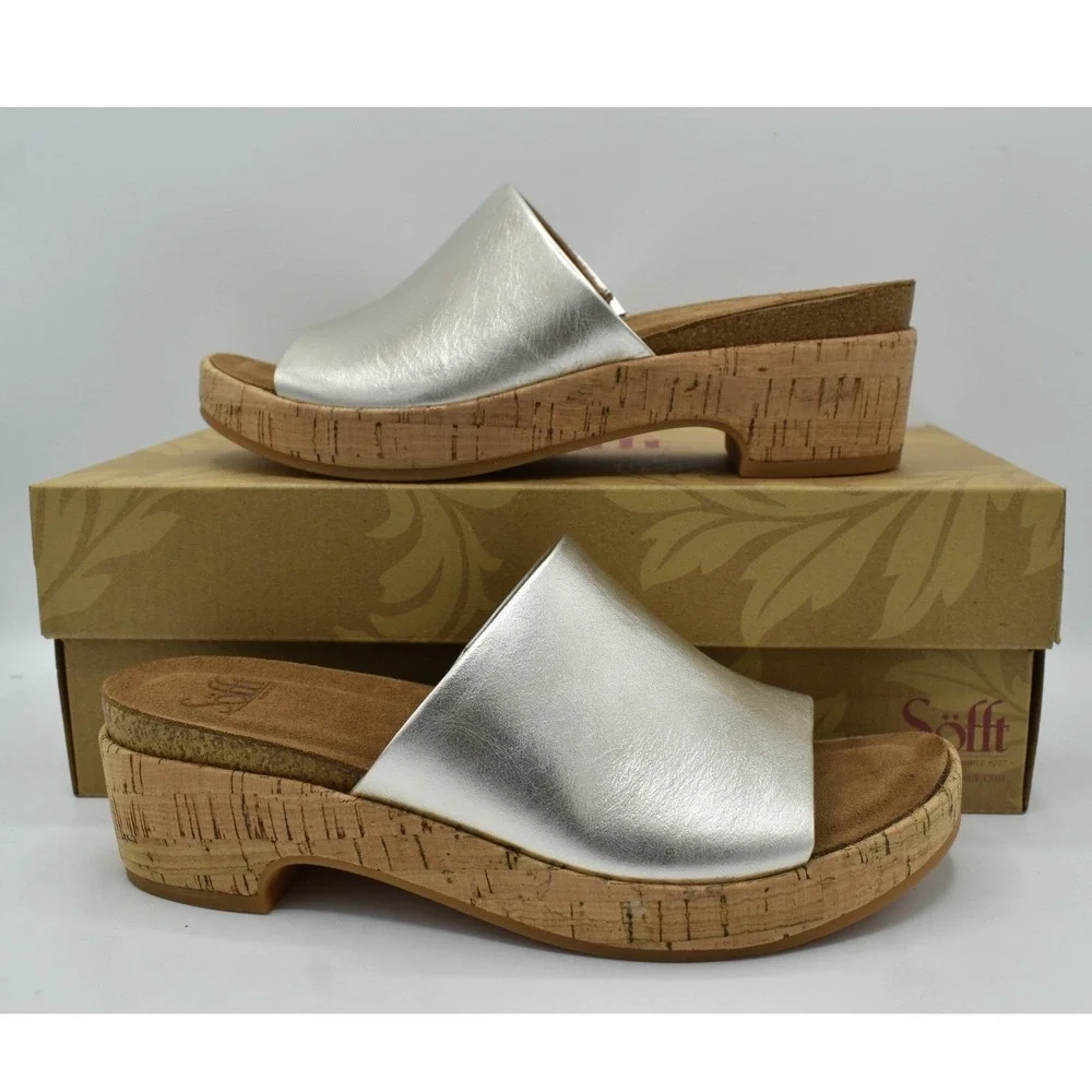 Sofft Cass Wedge Sandals Womens 8.5 Silver Platino Leather Platform Slides Boho